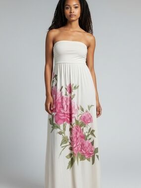 Strapless Cream Maxi Dress with Pink Floral Print
